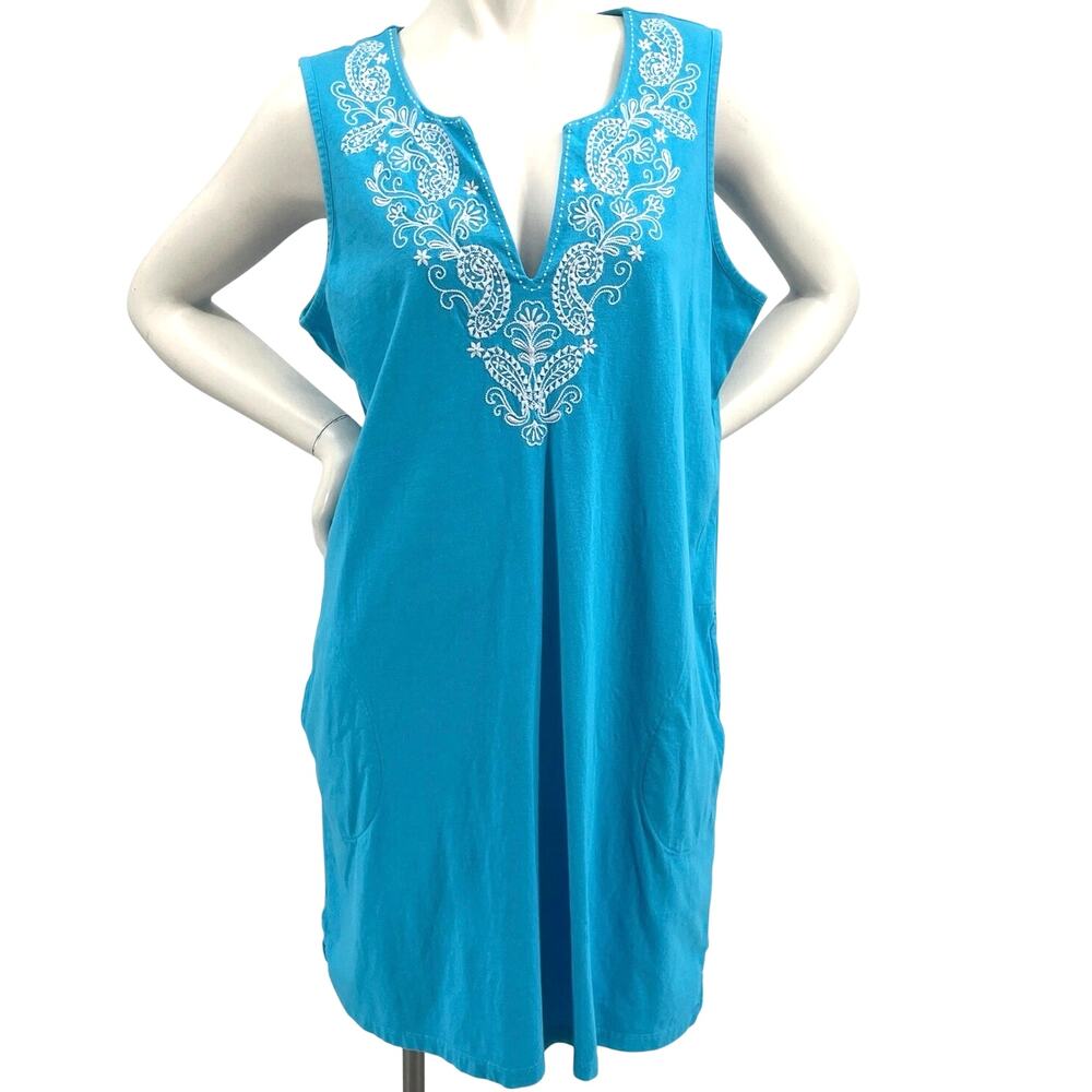 Lands End Women Embroidered Aqua Cotton V Neck Tunic Sleeveless Dress Pockets XL